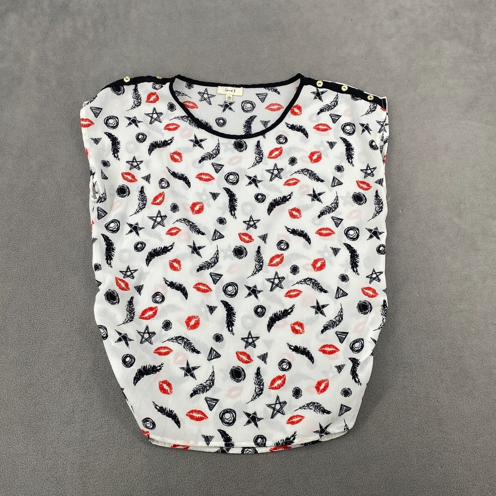 Love J Chiffon Blouse Top Womens Large White Lips Stars Round Neck Pullover